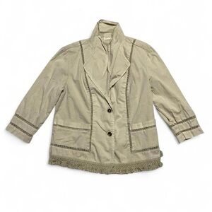Zenergy by Chico’s Khaki Lace & Fringe Jacket | 2 Petite